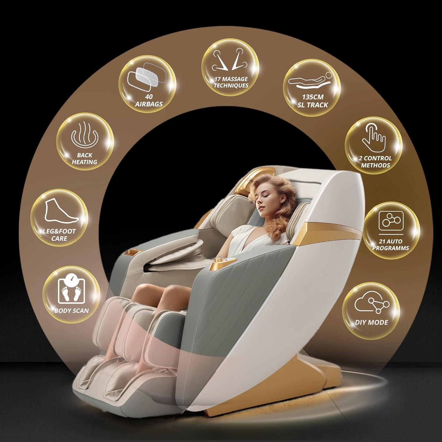 HealthRelife Business Class Massage Chair, Full Body Massage with Body Scan, Shiatsu, Automatic Calf Support Extension and Calf Kneading Massage (Beige-Gold))